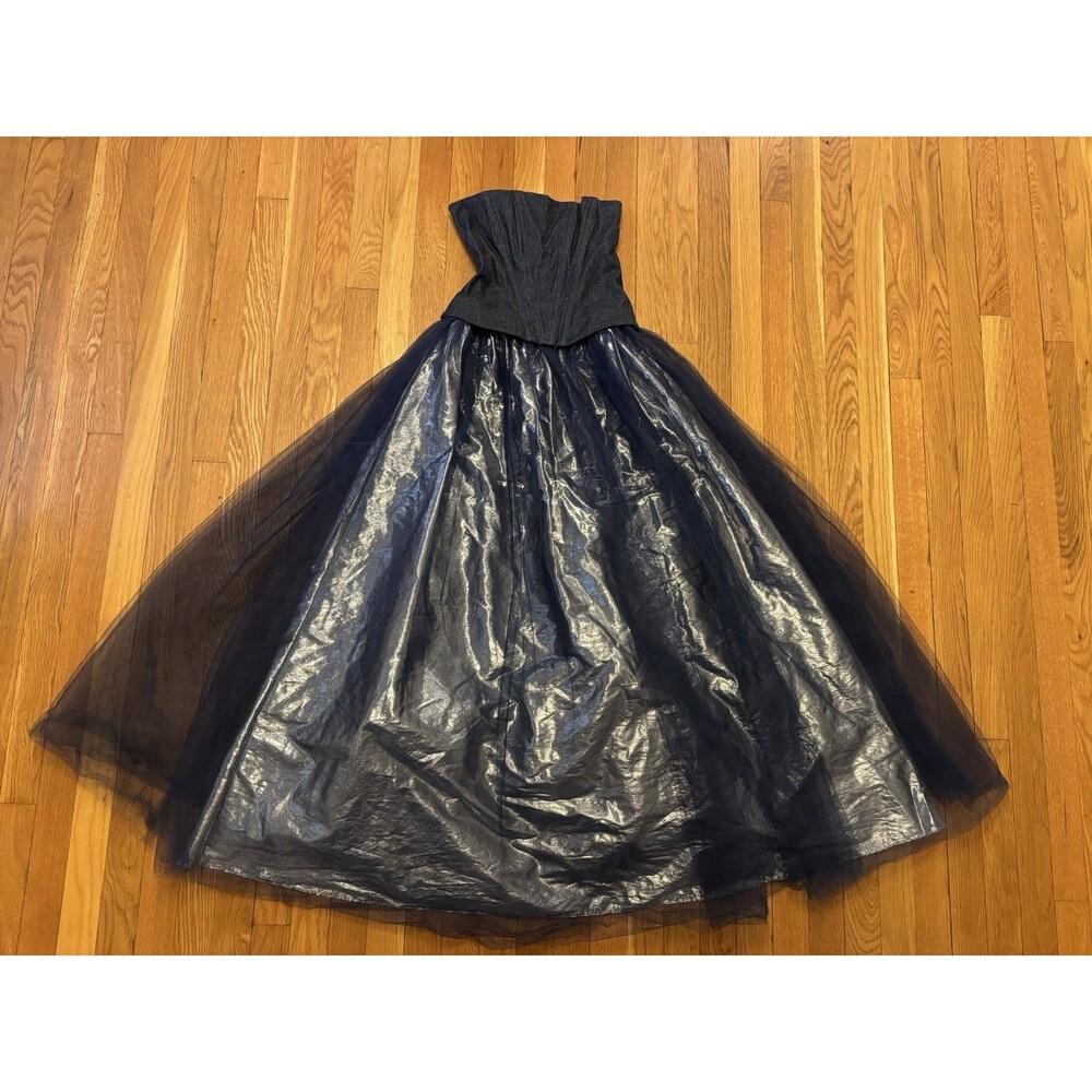 Vtg Y2K Blue Jean Denim tulle Prom Dress Gown Silver Navy A Line Britney Spears